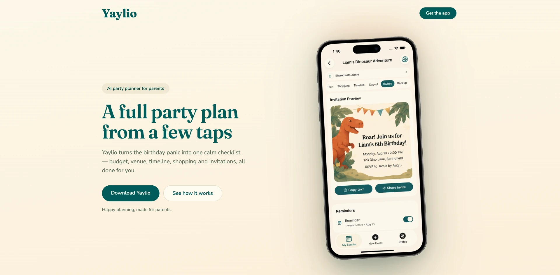 Yaylio AI party planner app and website